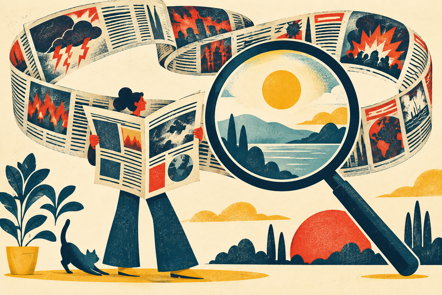 A reader surrounded by swirling alarm-filled newspapers, with a magnifying glass showing a calmer landscape.